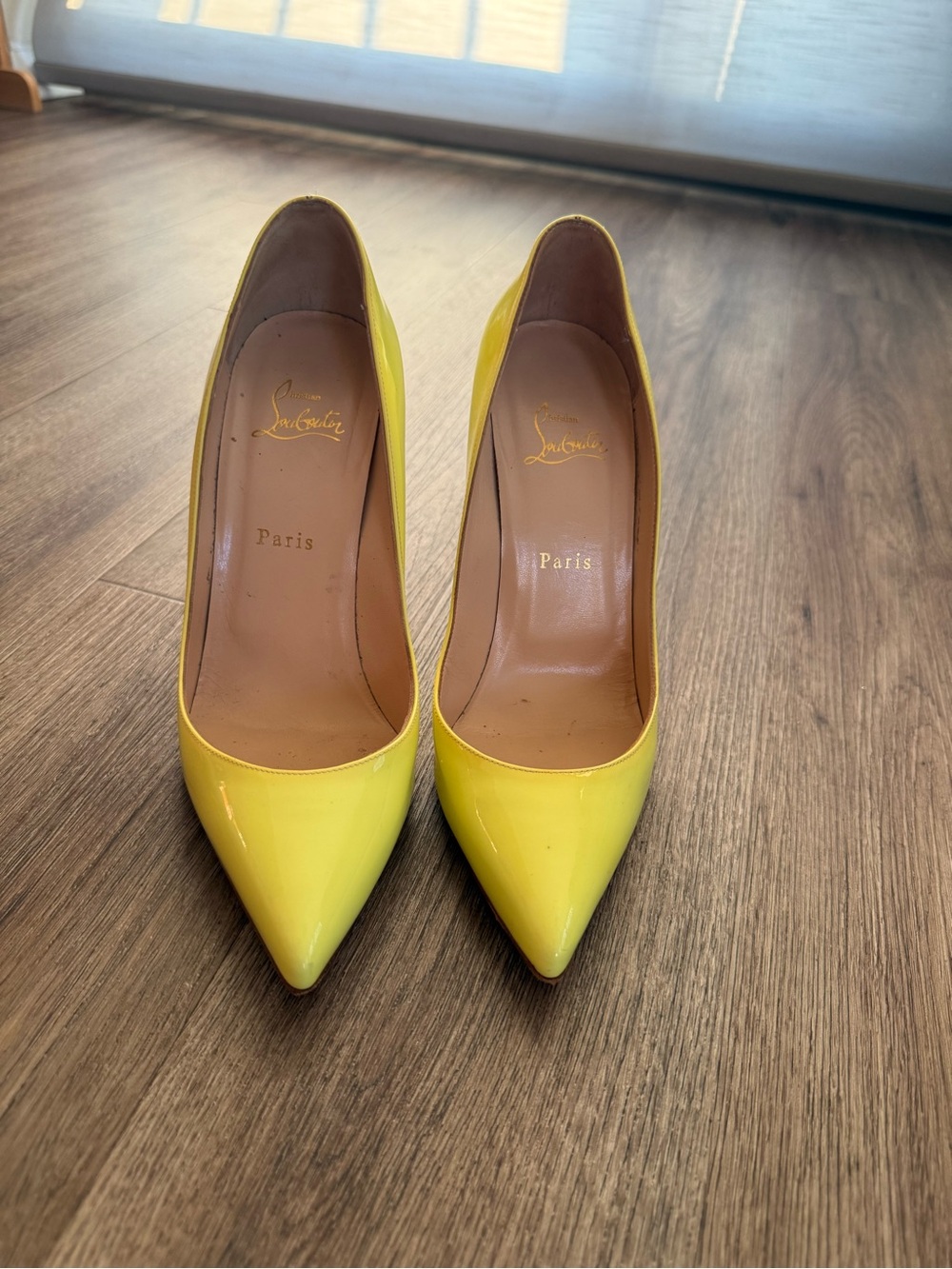 Christian Louboutin Yellow Patent Stiletto Pumps with Signature Red Sole - Picture 2 of 3